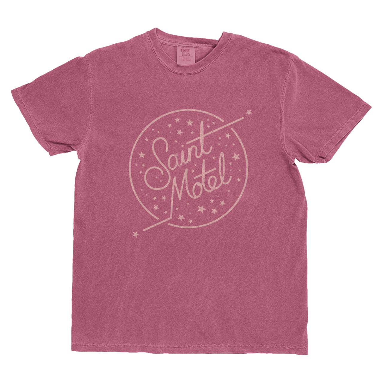 Pink t-shirt with 'Saint Motel' logo on a white background