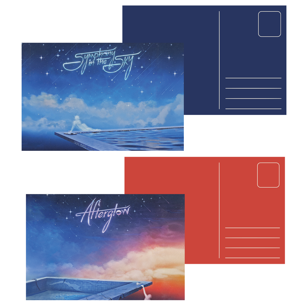Two postcard designs with 'Symphony in the Sky' and 'Afterglow' text against starry and sunset backgrounds.