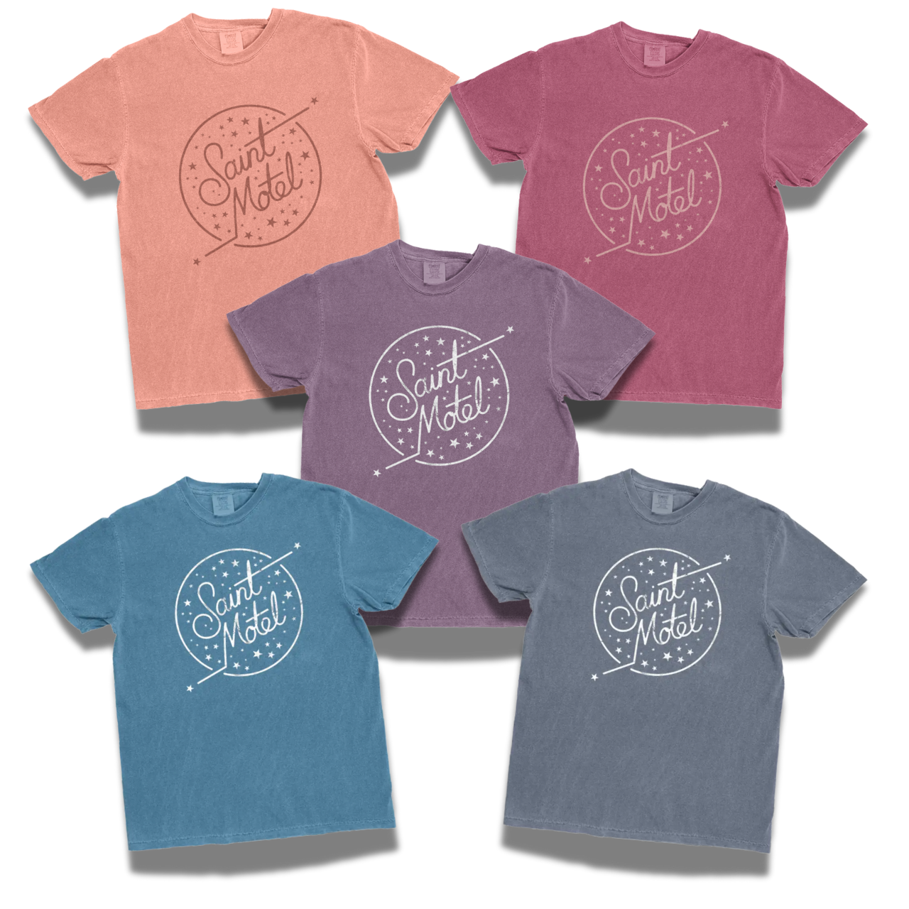 Five t-shirts in different colors with 'Saint Motel' logo on a white background