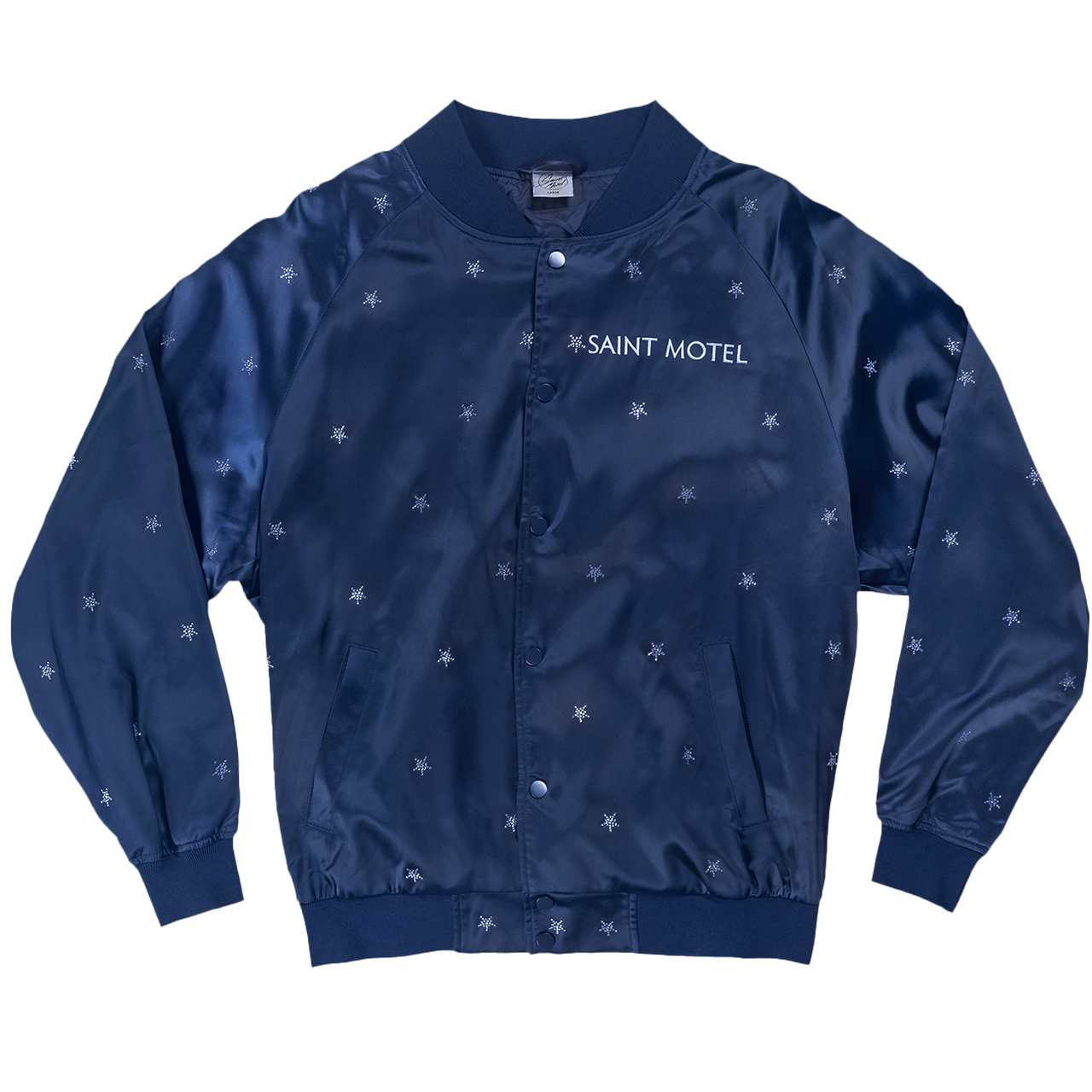 Navy blue jacket with 'Saint Motel' branding on a white background