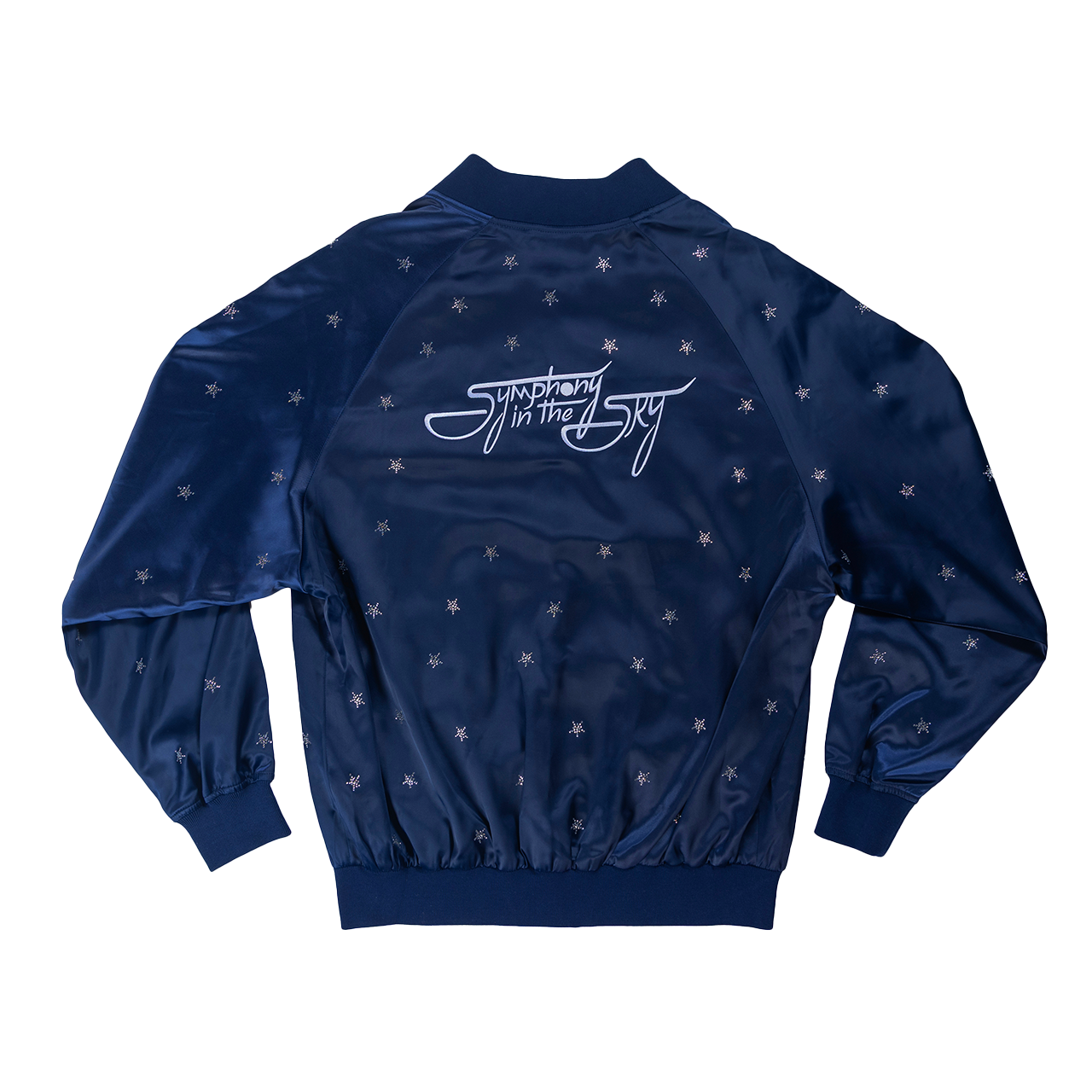 Navy blue jacket with star patterns and 'Symphony in the Sky' logo on a white background