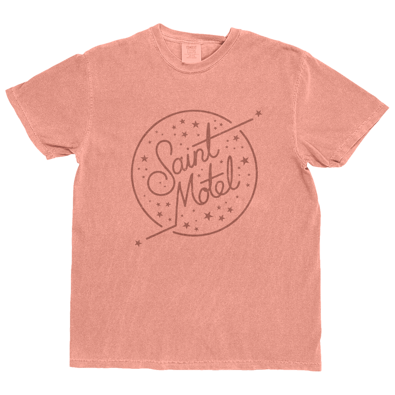 Pink t-shirt with 'Saint Motel' logo on a white background