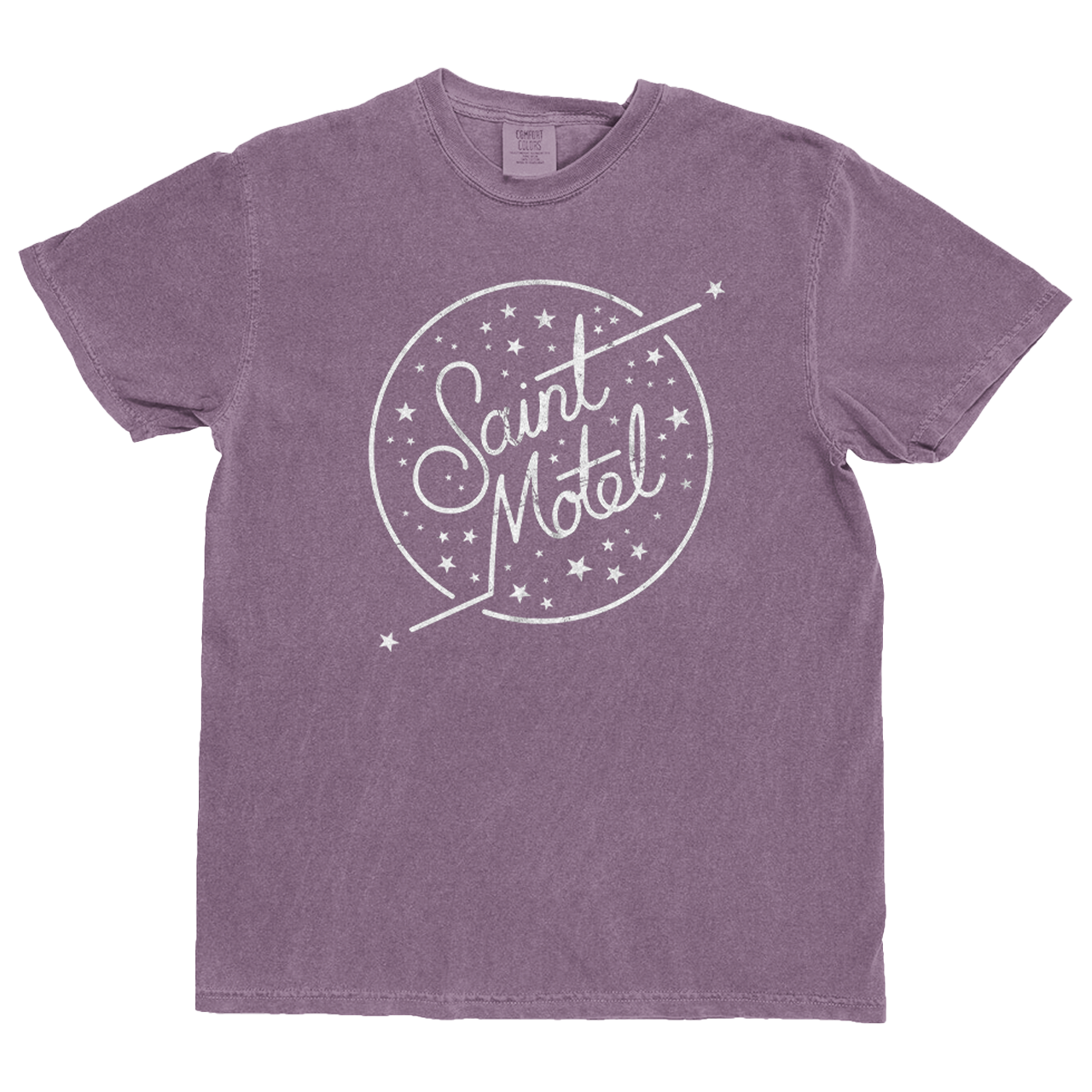 Purple t-shirt with 'Saint Motel' logo on a white background
