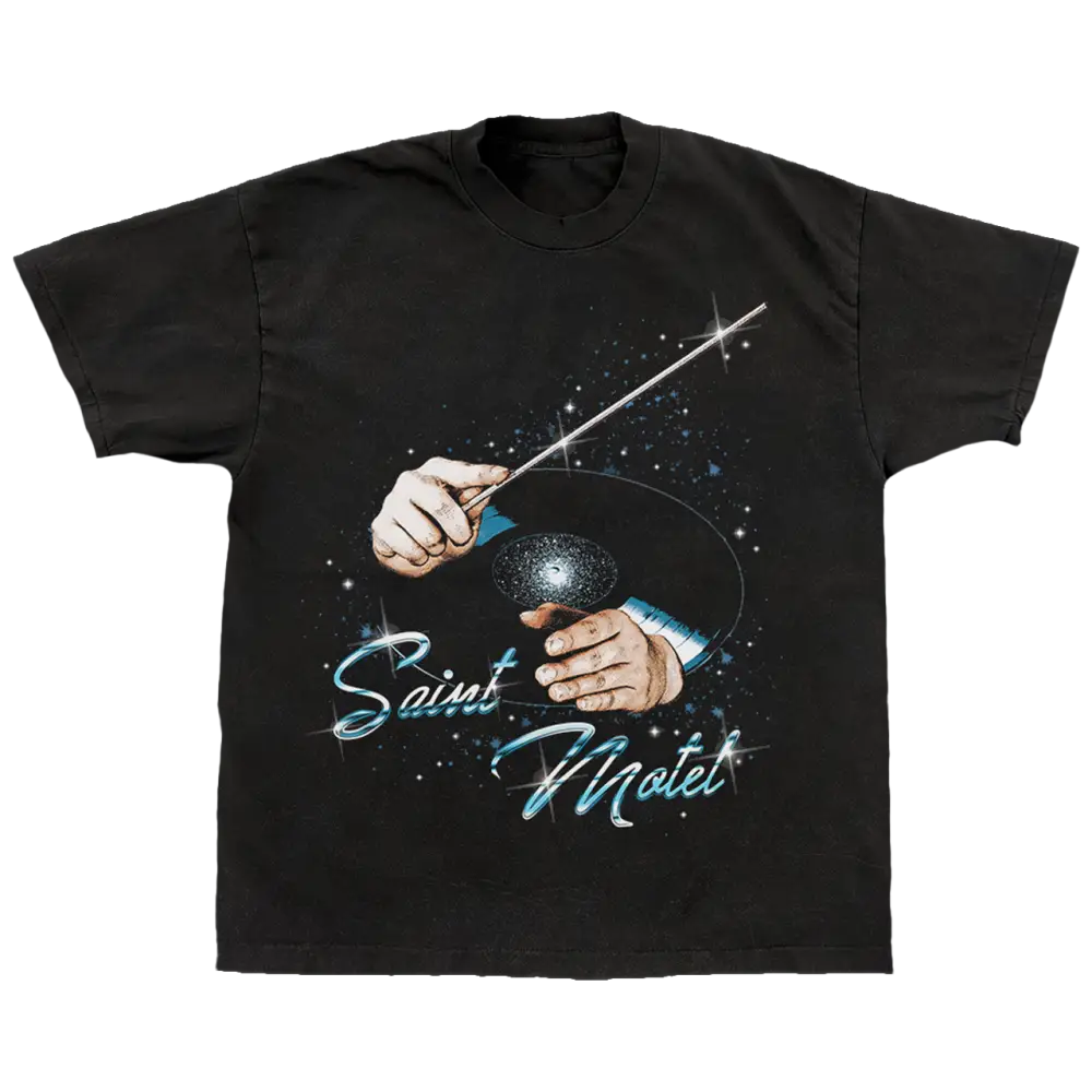 Black Short Sleeve Tee with Conductor hands in a galaxy setting with text that reads Saint Motel