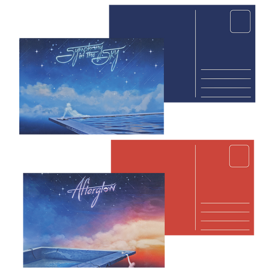 Two postcard designs with 'Symphony in the Sky' and 'Afterglow' text against starry and sunset backgrounds.