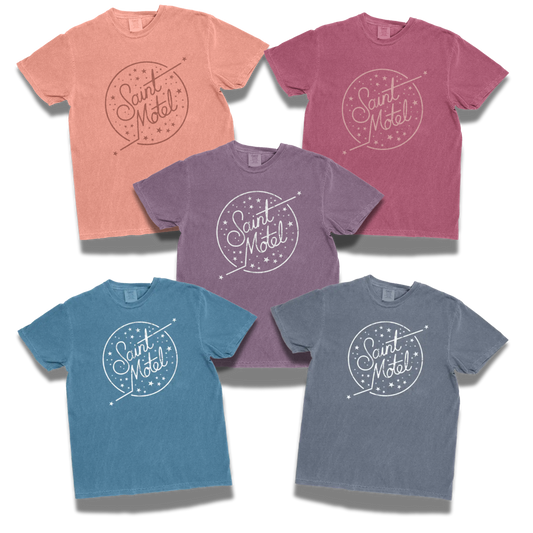 Five t-shirts in different colors with 'Saint Motel' logo on a white background