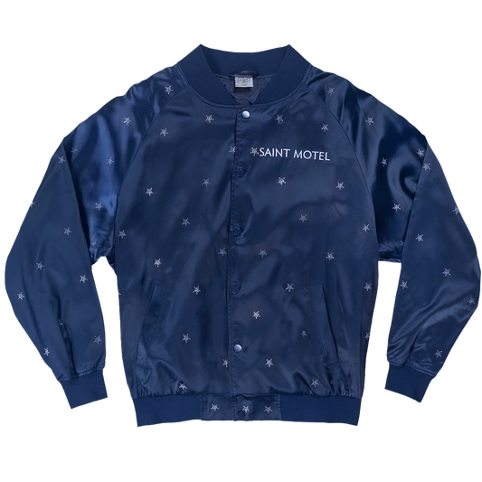 Navy blue jacket with 'Saint Motel' branding on a white background