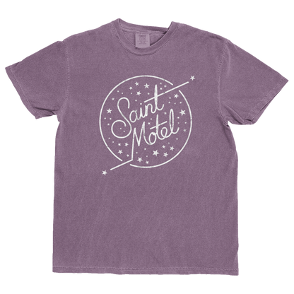 Purple t-shirt with 'Saint Motel' logo on a white background